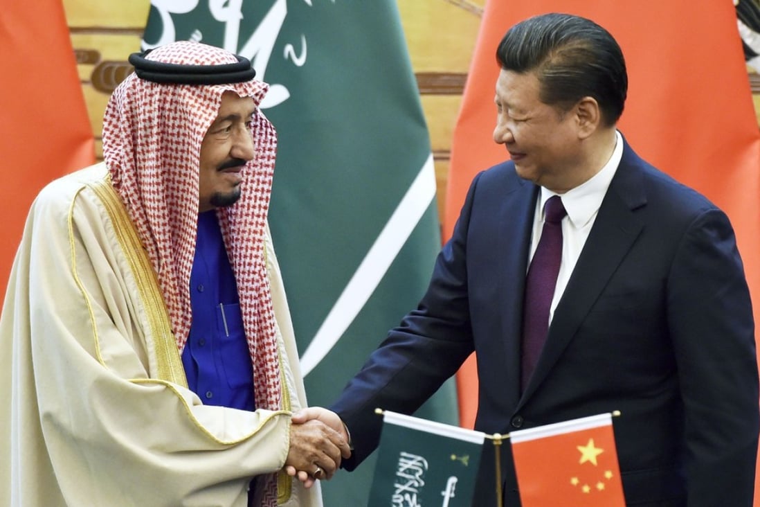 Chinese President Xi Jinping (right) and Saudi Arabia’s King Salman shake hands at Beijing’s Great Hall of the People in March. Photo: Kyodo