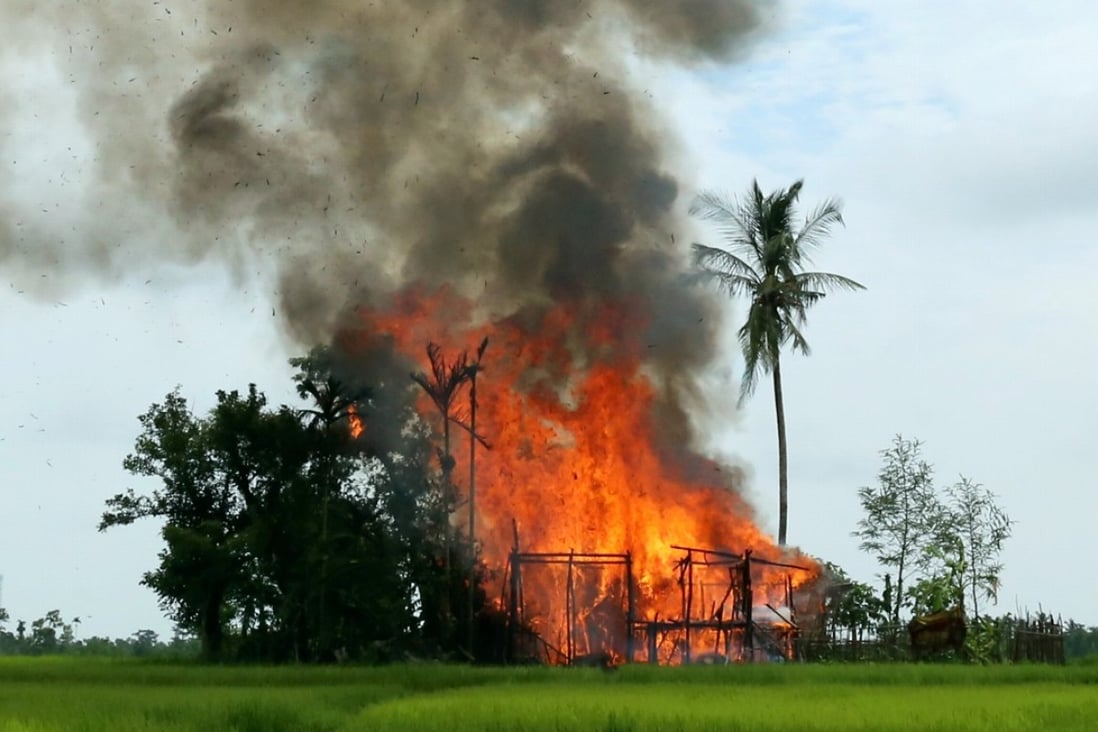 A house on fire in a village in Maungdaw township in the north of Rakhine state, Myanmar. Photo: Reuters