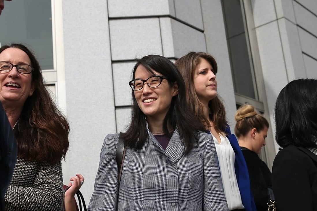Ellen Pao (C) leaves the California Superior Court Civic Centre courthouse during a lunch break from her trial against her former employer, Silicon Valley venture capital firm Kleiner Perkins Caulfield and Byers. She wrote in a book that racial bias is prevalent in Silicon Valley. Photo: AFP