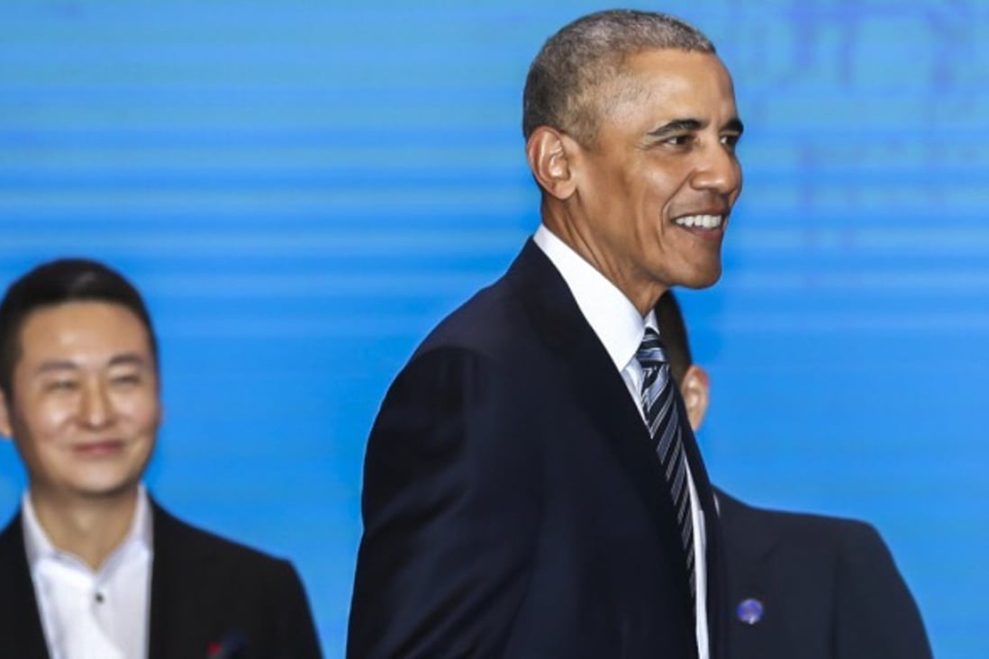 Former US president Barack Obama at an event in Shanghai on Tuesday hosted by business non-profit the Global Alliance of SMEs. Photo: Handout