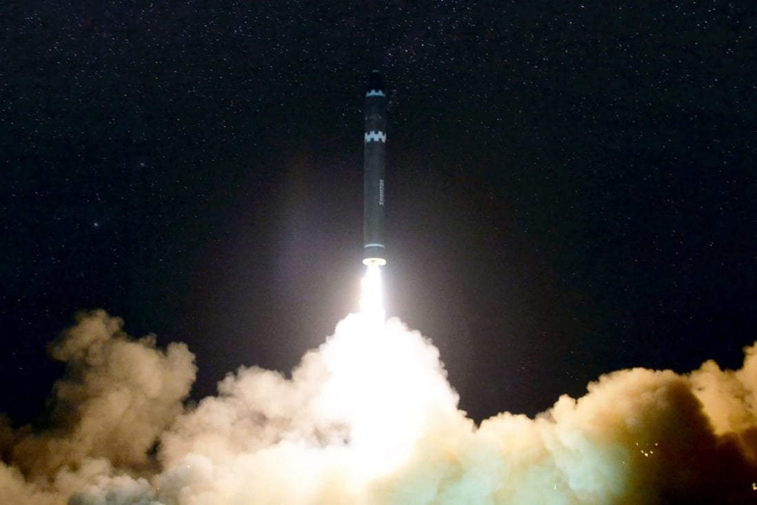 This photo released by North Korea's official Korean Central News Agency (KCNA) shows the launching of the Hwansong-15 missile which North Korea said is capable of reaching all parts of the US. Photo: KCNA via AFP