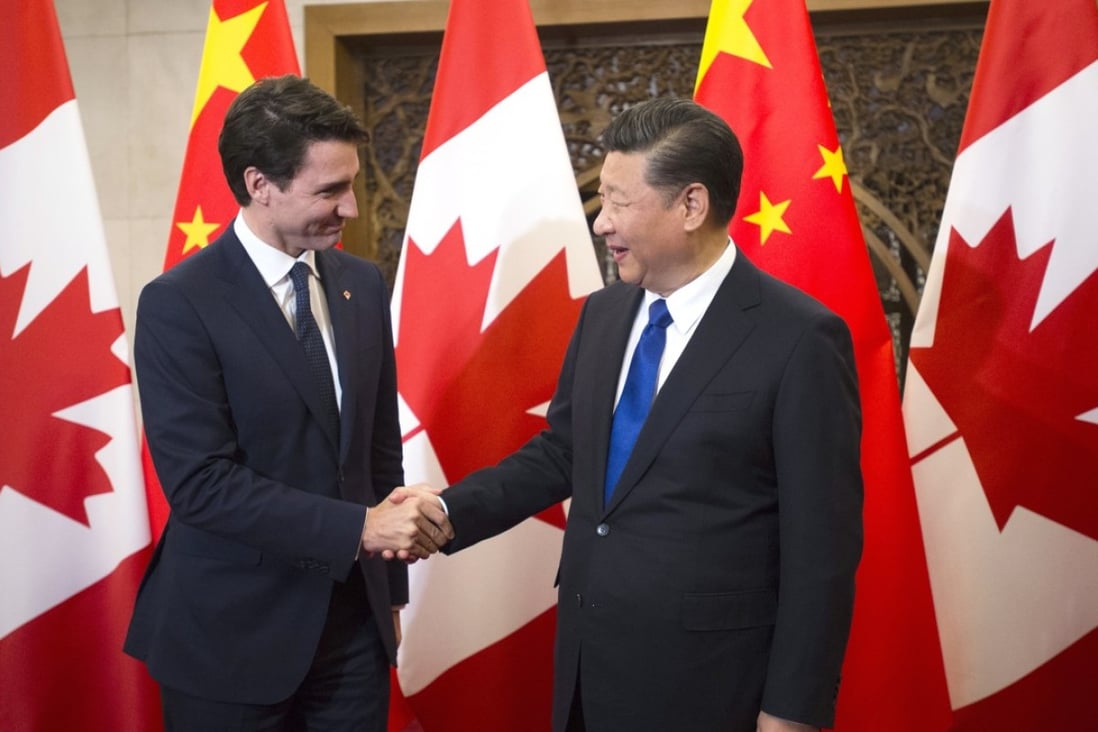 Chinese President Xi Jinping (right) shakes hands with Canadian Prime Minister Justin Trudeau prior to a meeting in Beijing on Tuesday. Xi said the two countries must respect each other’s political differences, while Trudeau reaffirmed Canada’s approach of seeking a durable trade agreement. Photo: AP