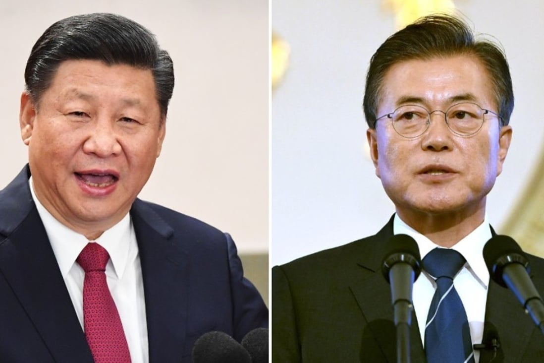 Moon Jae-in’s (right) office says discussing ways to “peacefully resolve North Korea’s nuclear issue” will be on his agenda when he meets Xi Jinping (left) next week. Photos: Kyodo