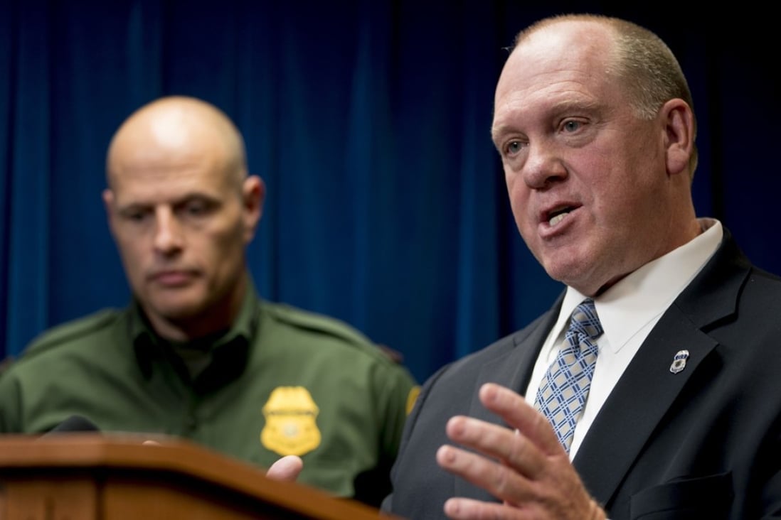 Acting Director for US Immigration and Customs Enforcement Thomas Homan, right, accompanied by US Customs and Border Protection Acting Deputy Commissioner Ronald Vitiello, tell reporters that deportations are down in the past financial year but arrests have risen. Photo: AP