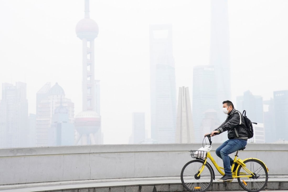 A man wearing a face mask cycles along a bridge in front of the financial district of Shanghai on November 22. Air pollution alone costs China about 6.5 per cent of its GDP. Photo: Reuters