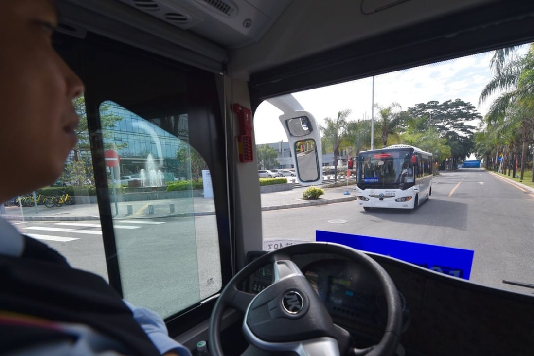 Four self-driving buses began trial operation Saturday in Shenzhen, a city known for its high concentration of hi-tech companies. The smart buses, which are smaller than an ordinary bus, began running on a 1.2-kilometre route with three stops in the bonded zone of Futian. Photo: Xinhua