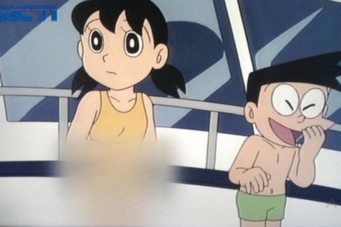 A female character from the popular Japanese cartoon Doraemon who was wearing a swimsuit was censored on Indonesian TV.