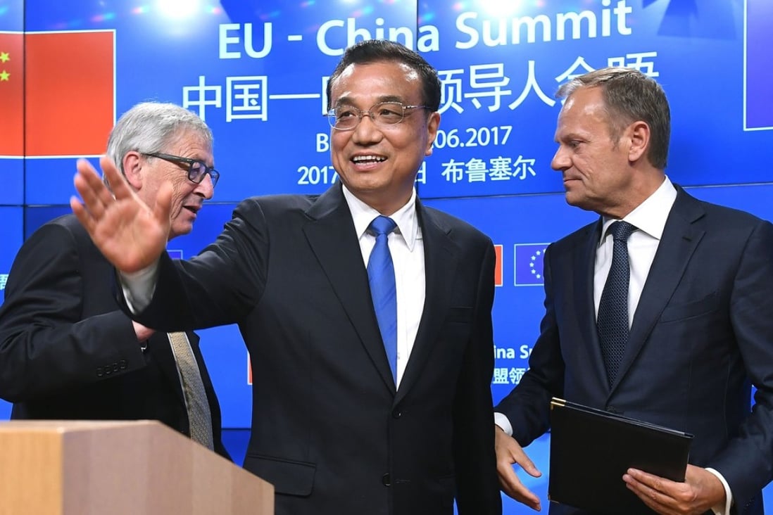 Premier Li Keqiang (centre), European Commission President Jean-Claude Juncker (left) and European Council President Donald Tusk leave the podium after a press conference at the end of an EU-China summit in Brussels in June. Photo: AFP
