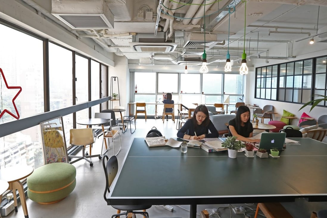 The interior of Desk-one, a co-working space in Hong Kong’s Causeway Bay district. Research has shown that such spaces can cost three times less than conventional rents in the city. Photo: Nora Tam