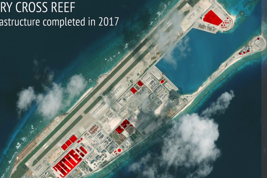 A satellite image from the Asia Maritime Transparency Initiative in the US showing Chinese construction work on Fiery Cross Reef in the disputed Spratly Islands chain in the South China Sea. Photo: AP