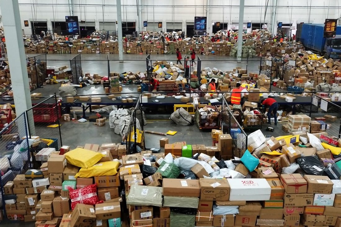 The sorting centre of Best Express at Jinan city in Shandong province on November 13, 2017. The number of packages tripled from normal after the Singles’ Day. Now Taobao and its group of online shopping market places has been placed on the USTR’s list of counterfeit peddlers and copyright violators. Photo: China Foto Press