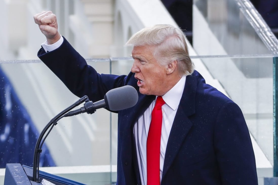 President Donald Trump delivers his inaugural address after taking the oath of office as the 45th president of the United States, on January 20 last year. Photo: EPA