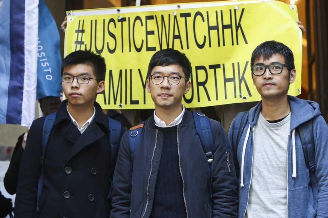 (From left) Joshua Wong Chi-fung, Nathan Law Kwun-chung and Alex Chow Yong-kang at the Court of Final Appeal. Photo: Winson Wong