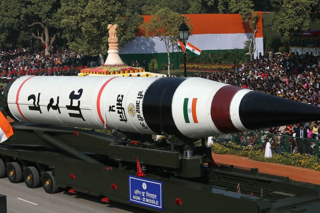 An Agni-V missile goes on display during a Republic Day parade in New Delhi in this file photo. India on Thursday conducted its fifth successful test of the intercontinental ballistic missile. Photo: AP