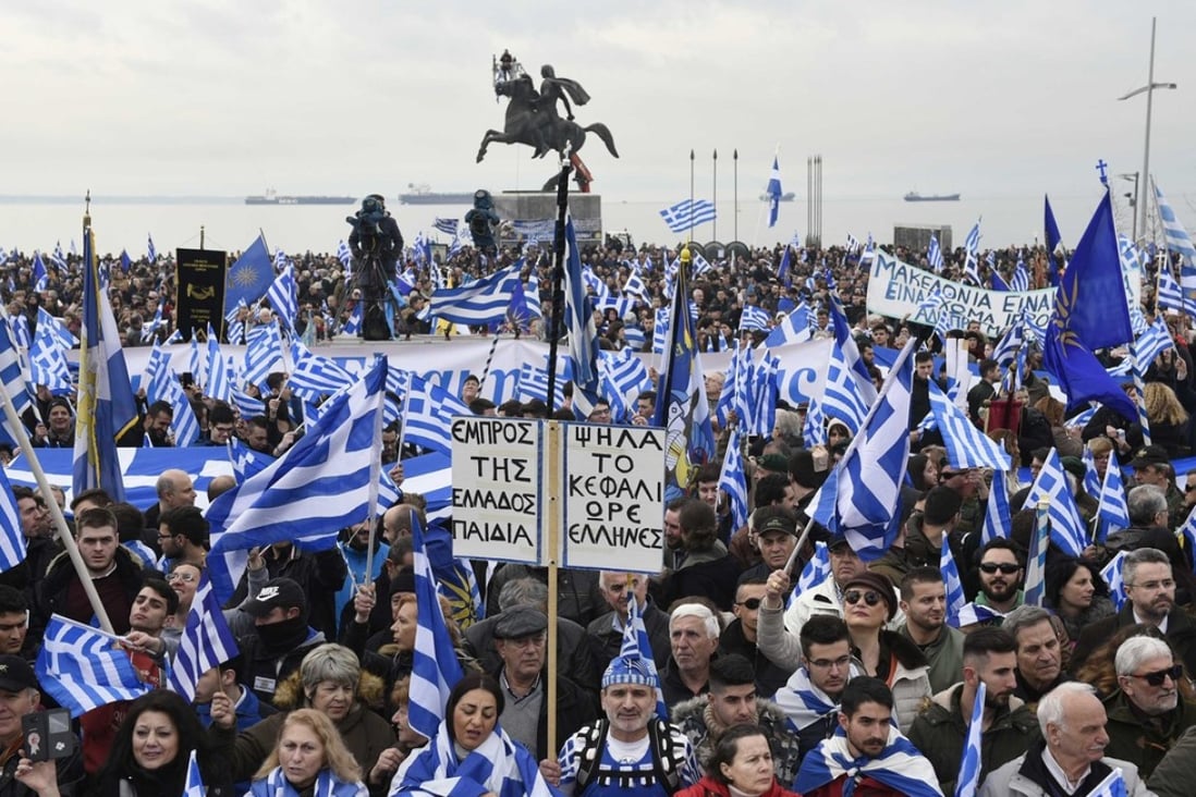 Protesters at a rally against the use of the name ‘Macedonia’ in any solution to a dispute between Athens and Skopje over the former Yugoslav republic’s name, in the northern city of Thessaloniki, Greece. Photo: Reuters