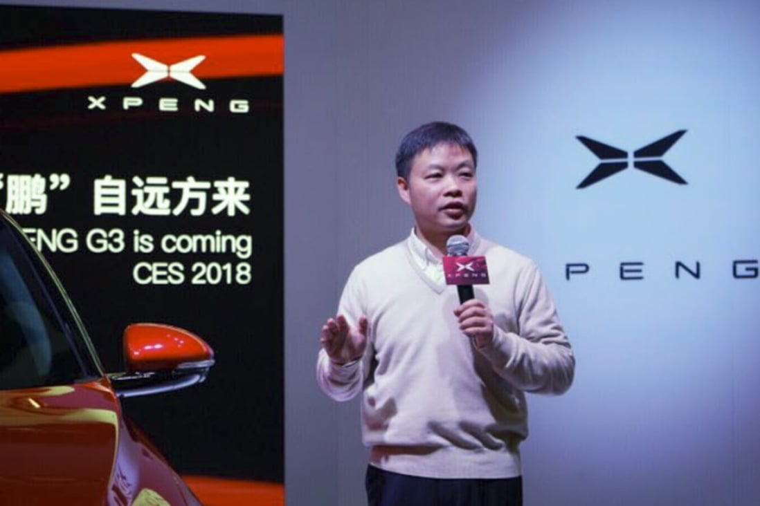He Xiaopeng, co-founder and chairman of Xiaopeng Motors, unveils the company's first production car at the CES trade show in Las Vegas earlier this month. Photo: Handout