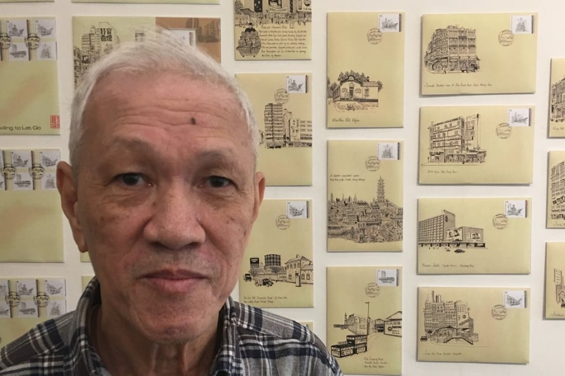 Lok Ka-chung at the Green Wave Art gallery in Yau Ma Tei, which is showing highlights of his thousands of detailed sketches, all drawn on envelopes.