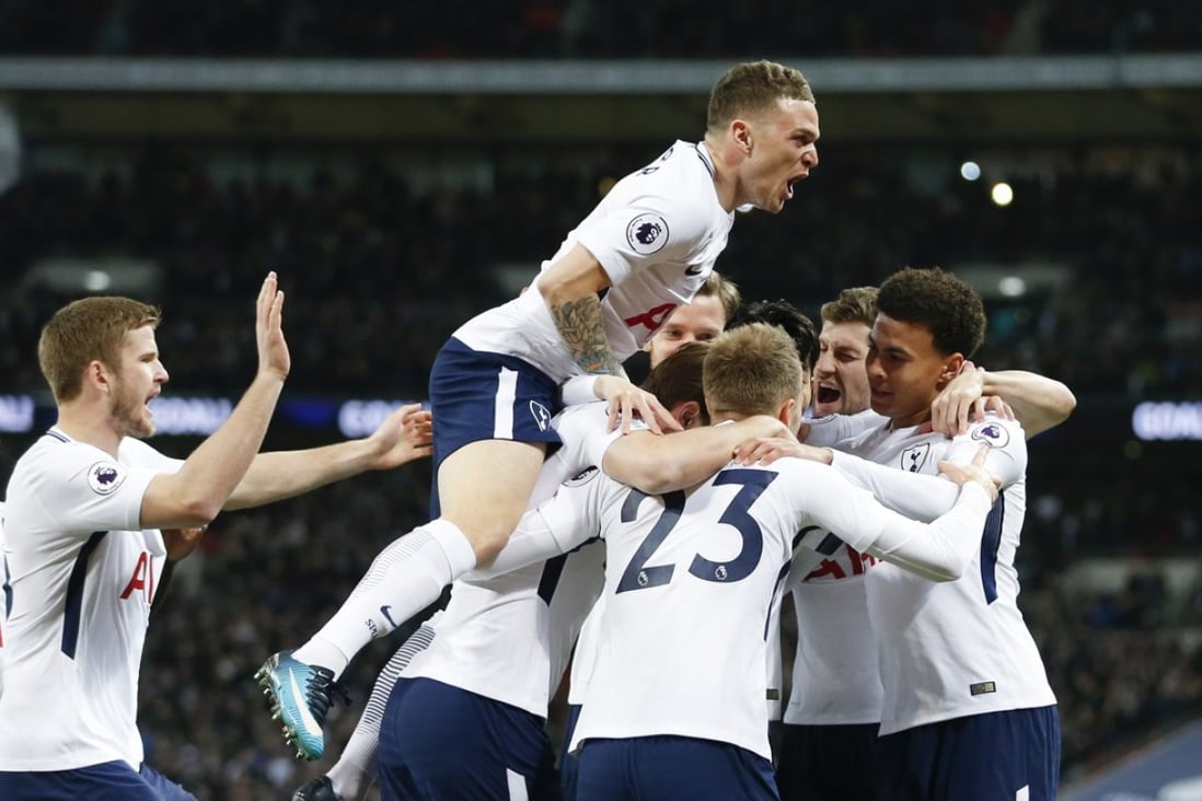 Tottenham Hotspur celebrate after scoring the opening goal in the 2-0 win over Manchester United at Wembley. Photo: Xinhua