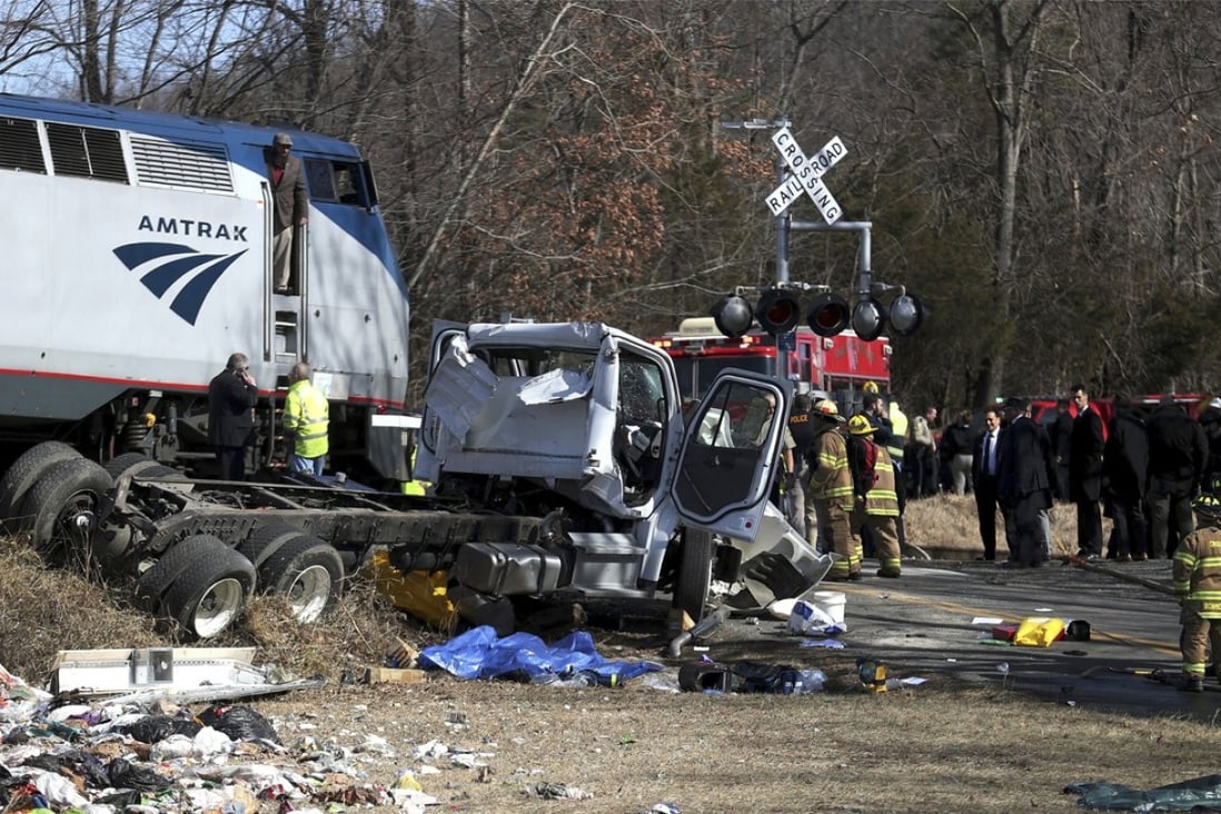 This was the scene after a train carrying Republican lawmakers to a retreat struck a garbage truck in Virginia on Wednesday, None of the lawmakers were seriously injured but a passenger in the truck was killed, authorities said. Photo: The Daily Progress via AP