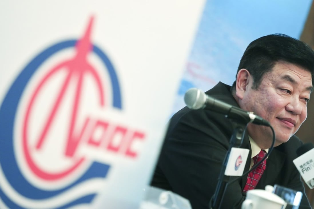 Yuan Guangyu, CEO of China National Offshore Oil Corp (CNOOC), speaks on the company’s production outlook at a briefing in Hong Kong. Photo: Jonathan Wong