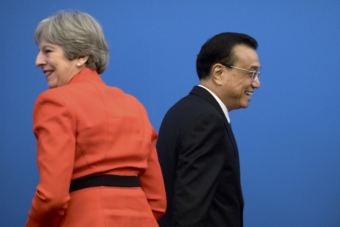 British Prime Minister Theresa May and Chinese Premier Li Keqiang did not see eye to eye on the Belt and Road Initiative. Photo: AFP