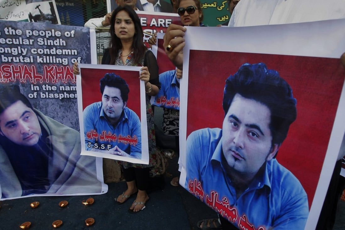 Members of a Pakistani civil society group protest against the killing of university student Mohammad Mashal Khan as a court sentences 31 people for the murder. Photo: AP