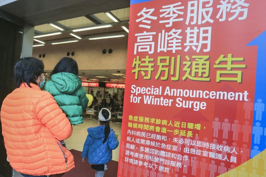Large signs about the winter flu surge at Queen Elizabeth Hospital in Yau Ma Tei. Photo: Dickson Lee