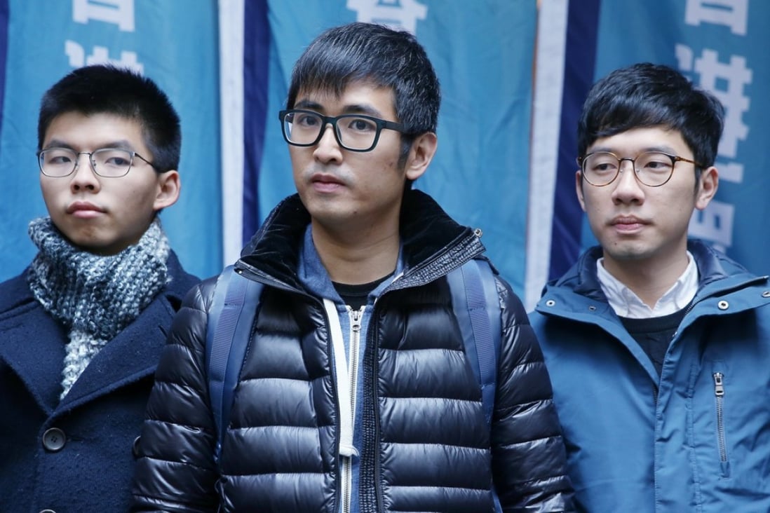 (Left to right): Joshua Wong Chi-fung, Alex Chow Yong-kang; and Nathan Law Kwun-chung outside the Court of Final Appeal in Central. Photo: Sam Tsang
