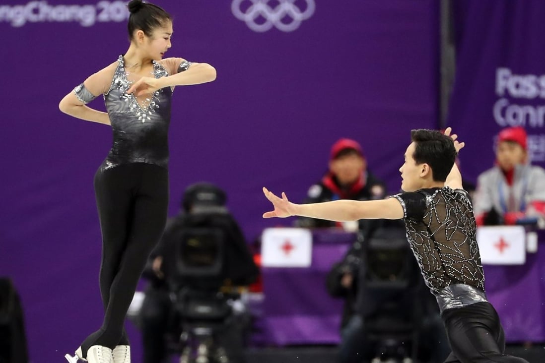 Ryom Tae-ok (left) and Kim Ju-sik of North Korea perform during the pairs short programme in the figure skating at the Gangneung Ice Arena. Photo: EPA