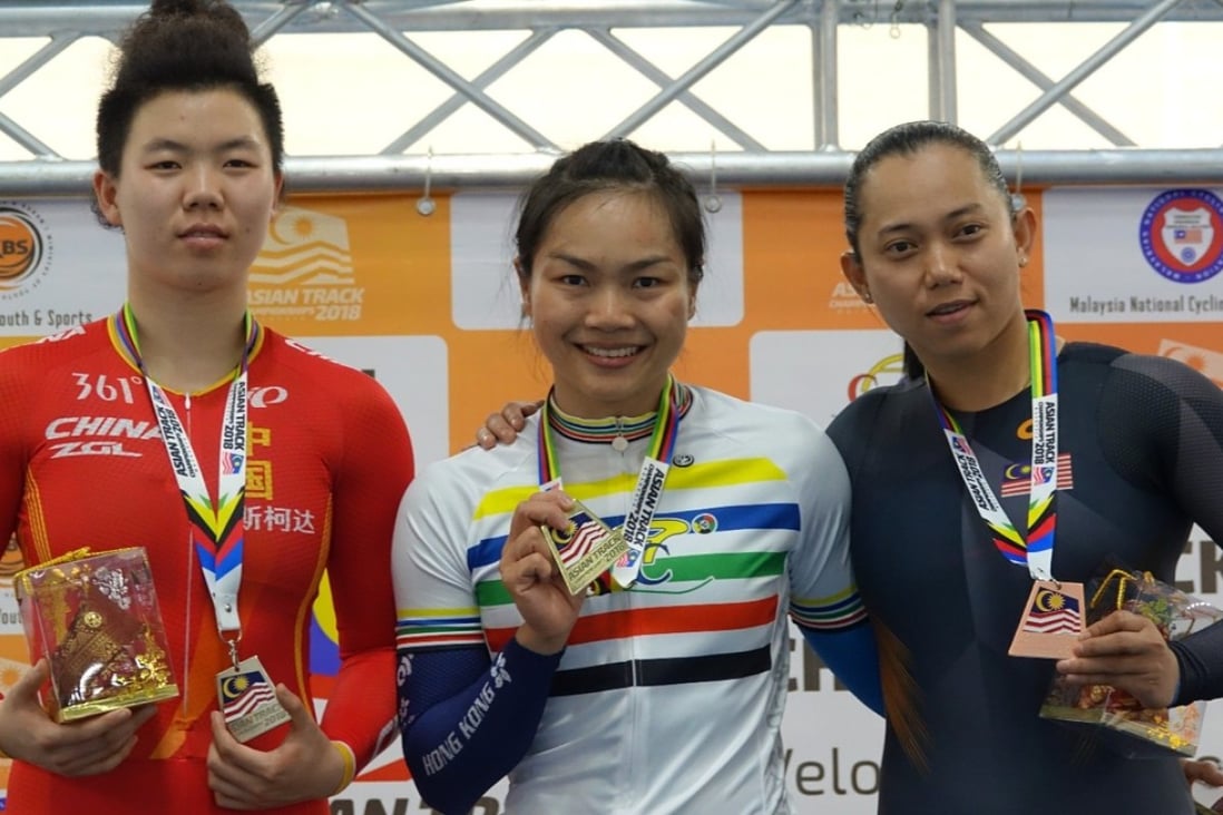 Hong Kong’s Sarah Lee Wai-sze after the prize ceremony at the Asian Championships with Song Chaorui (L) of China and Fatehah Mustapa (Malaysia). Photos: Hong Kong Cycling Association