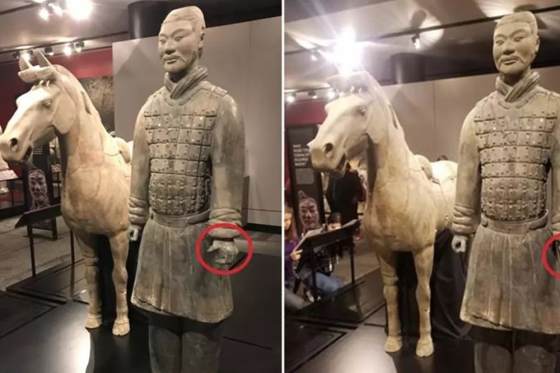 The ancient Chinese terracotta warrior before and after its left thumb is removed while on display at a museum in the US city of Philadelphia. Photo: Peopleapp.com