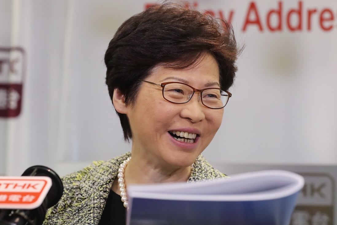Hong Kong Chief Executive Carrie Lam Cheng Yuet-ngor at a phone-in programme about her policy address, at RTHK in Kowloon Tong, on October 13 last year. The policy address, delivered on October 11, pledged HK$3 billion for the Research Endowment Fund. Photo: Edward Wong