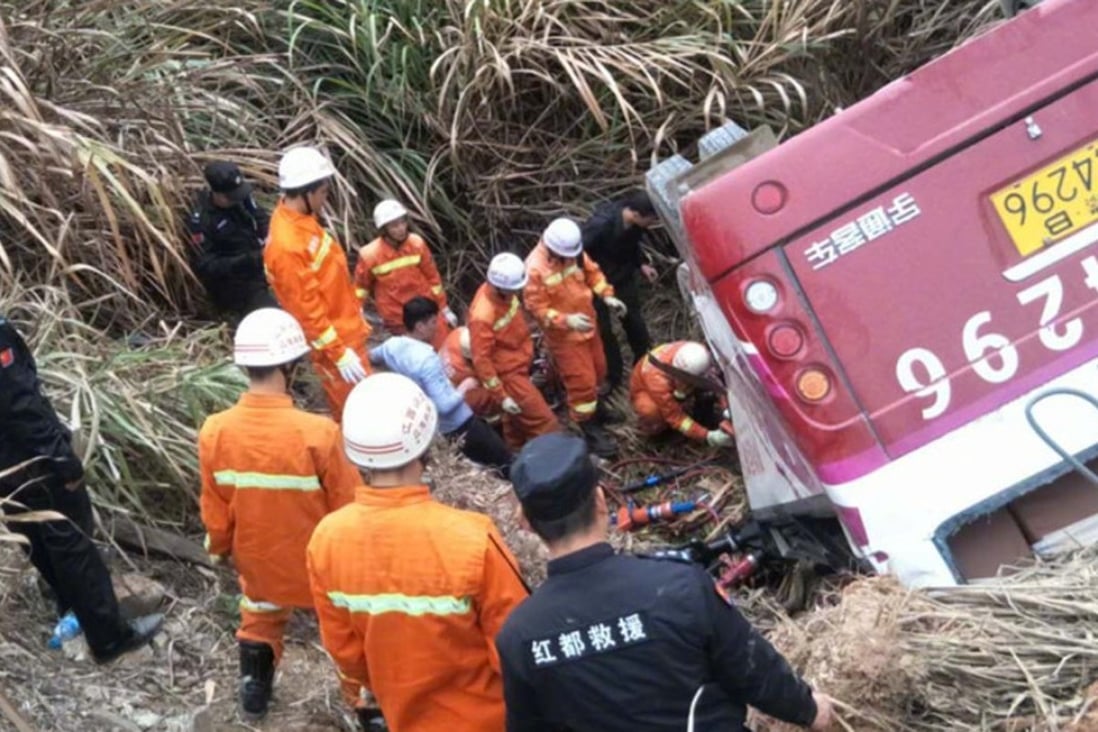 At least 11 people died after an overloaded light bus plunged into a roadside ditch in Ganzhou, eastern China’s Jiangxi province. Photo: Weibo
