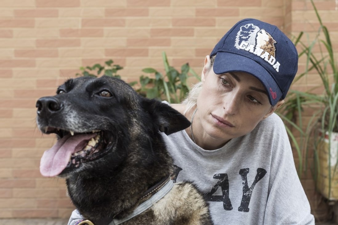 Home of Heroes founder Yulia Khouri with Muriel, a 12-year-old retired Belgian Malinois de-mining dog. Photo: Enric Catala