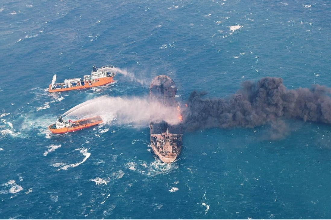 Rescue ships douse the fire on the tanker Sanchi on Jaunary 10, four days after it collided with a Hong Kong-registered freighter off China's eastern coast. Photo: EPA-EFE/Transport Ministry of China