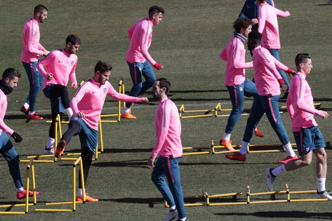 The Atletico players go through their paces at the team's facilities in Majadahonda on the outskirts of Madrid prior to facing FC Copenhaguen in a UEFA Europa League's round of 32 second leg match on Thursday. Photo: EPA