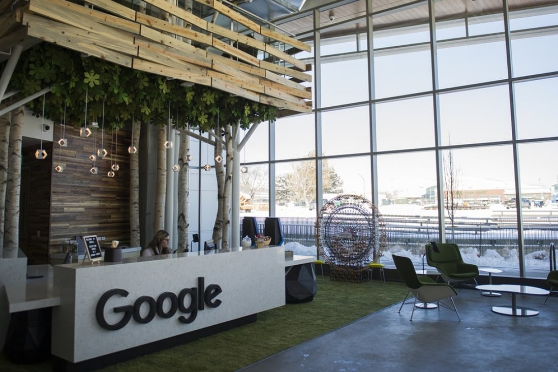 Signage is displayed on a reception desk at Google’s scenic new campus in Boulder, Colorado. Photo: Bloomberg