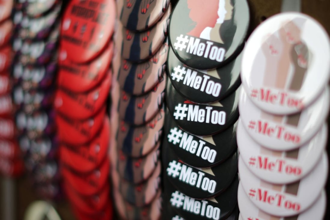 A vendor sells #MeToo badges at a protest march for survivors of sexual assault in the US. In Japan, however, the movement has failed to gain popular support because of its highly patriarchal society. Photo: Reuters