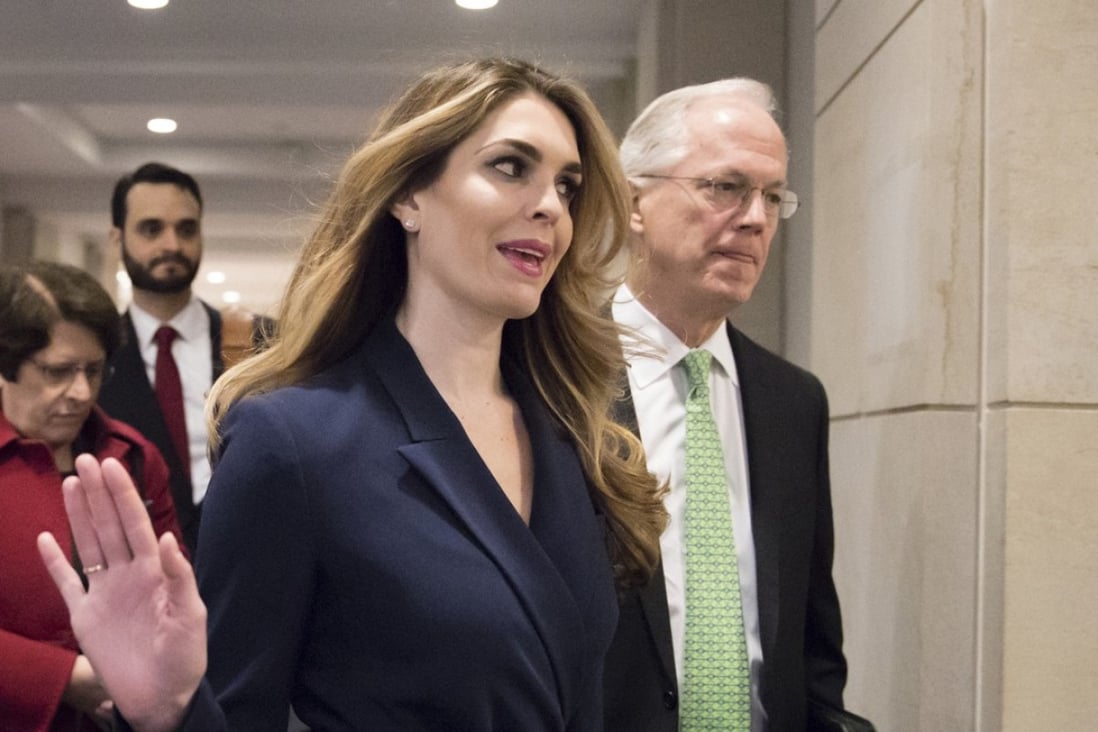 White House Communications Director Hope Hicks, one of US President Donald Trump's closest aides and advisers, arrives to meet behind closed doors with the House Intelligence Committee, at the Capitol in Washington on Tuesday. Photo: AP