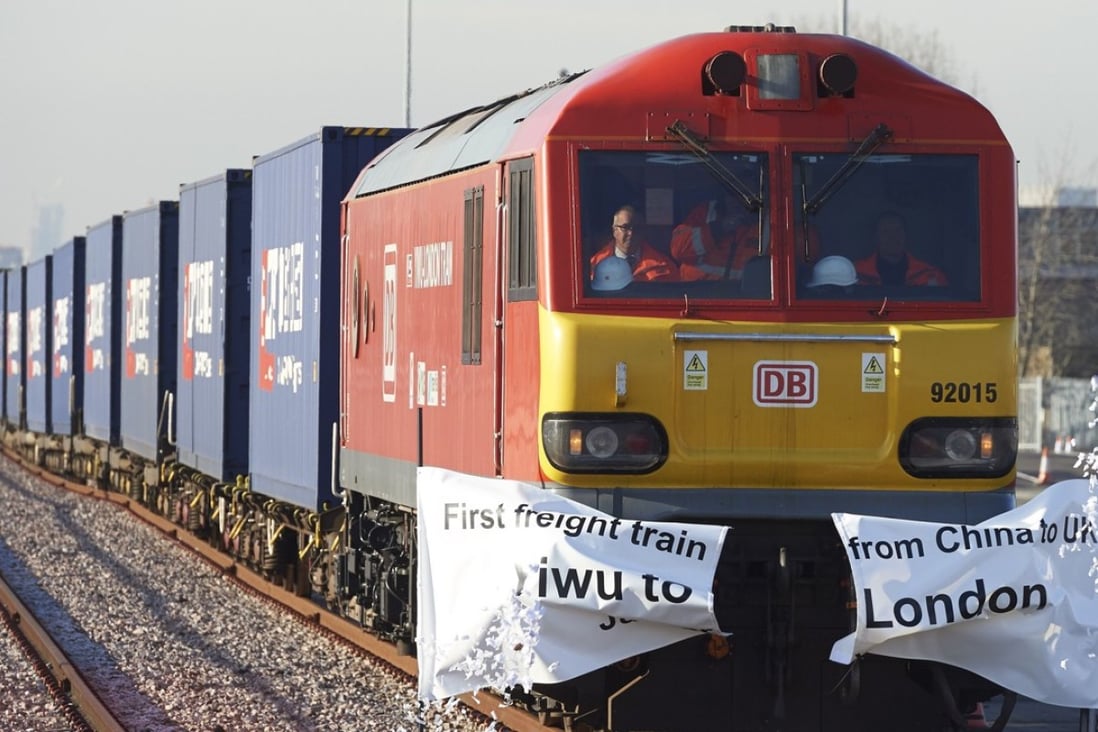 A freight train transporting containers laden with goods from China, arrives at DB Cargo's London Eurohub rail freight depot in Barking, East London, after travelling from Yiwu in the eastern Chinese province of Zhejiang. Photo: AFP