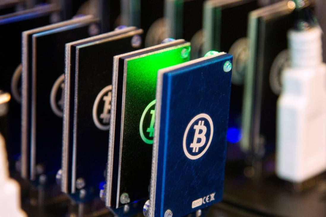 A chain of block erupters used for bitcoin mining. Photo: Reuters