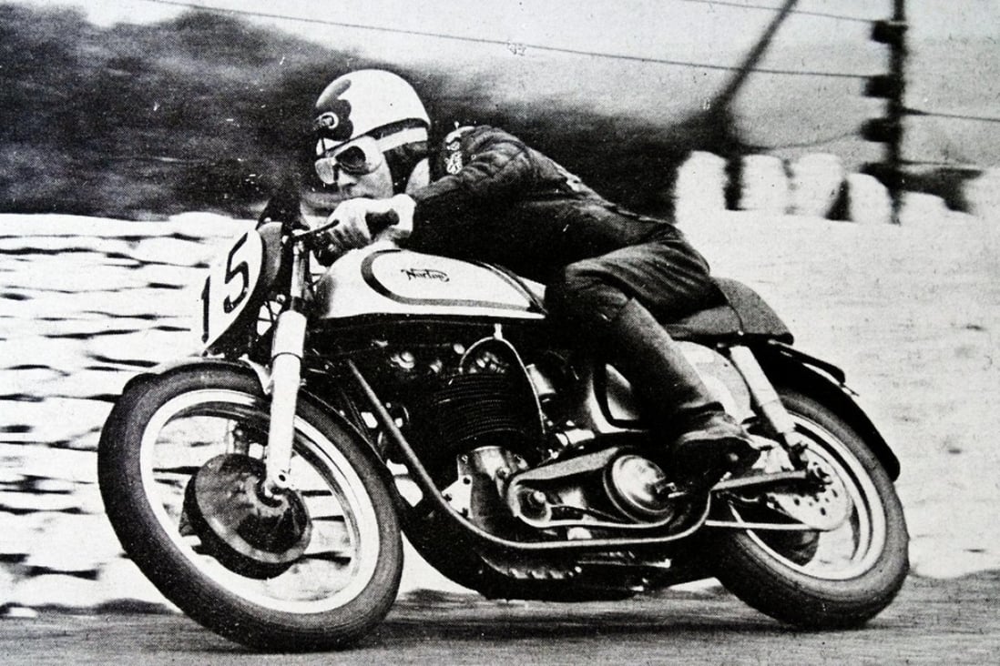 Reg Armstrong, on a Norton, winner of the Trophy race of 1952, (Senior) is seen here tackling a corner on the course. Photo: Alamy Stock Photo
