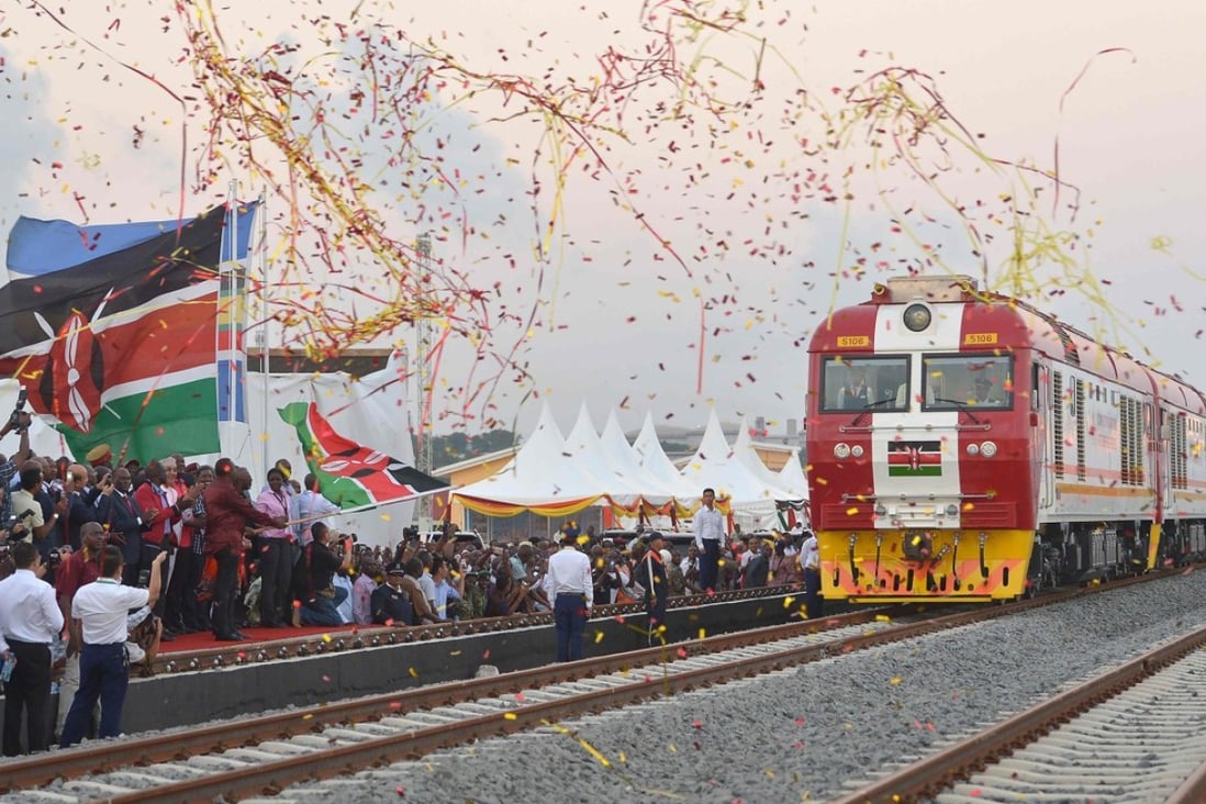 Kenyan President Uhuru Kenyatta flags off a cargo train on a Chinese-built railway line linking Nairobi to Mombasa. Photo: AFP