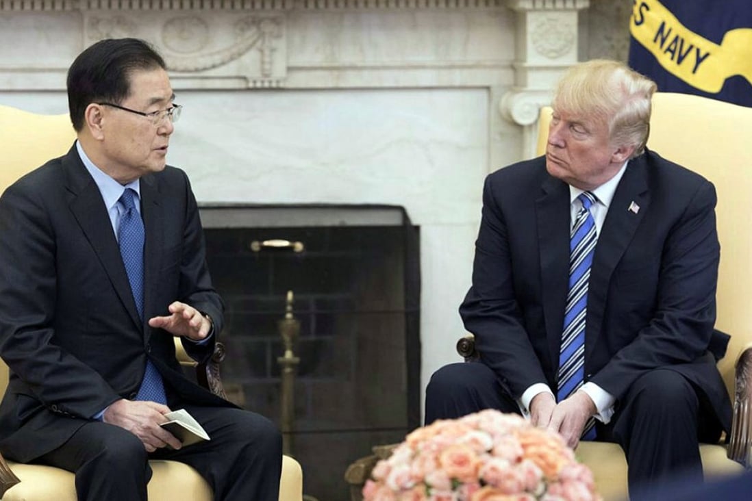 South Korean national security chief Chung Eui-yong briefs US President Donald Trump about his visit to North Korea, in Washington on Thursday. Photo: Reuters