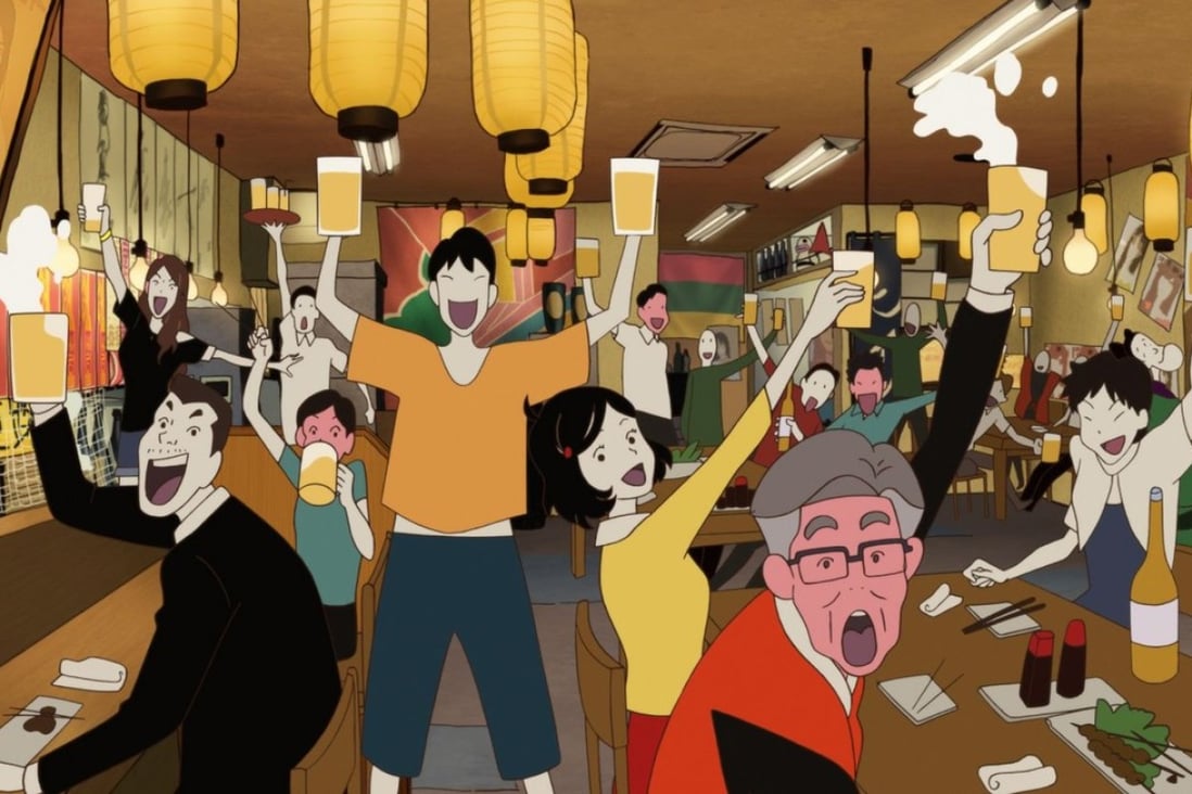 The character Otome (centre, in bright yellow, voiced by Kana Hanazawa) in Night Is Short, Walk on Girl (category IIA, Japanese), directed by Masaaki Yuasa and also starring the voice of Gen Hoshino.