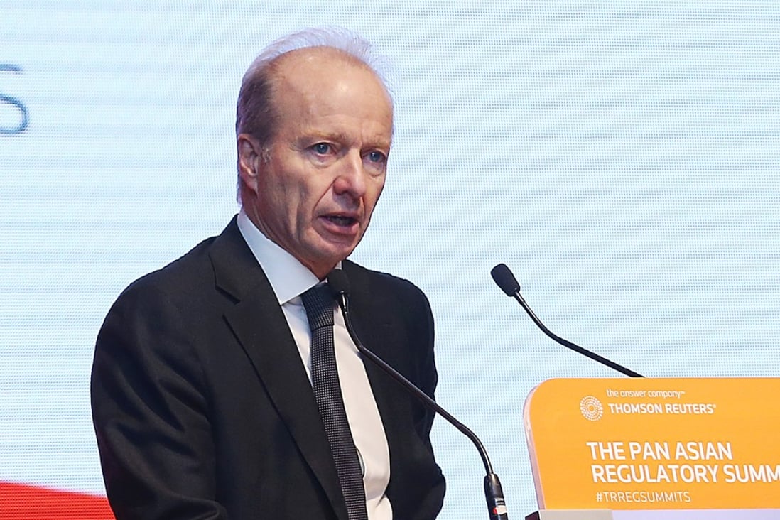 Ashley Alder, chief executive of the Securities and Futures Commission, speaking last October at the 8th Annual Pan Asian Regulatory Summit 2017 in Hong Kong. Photo: SCMP
