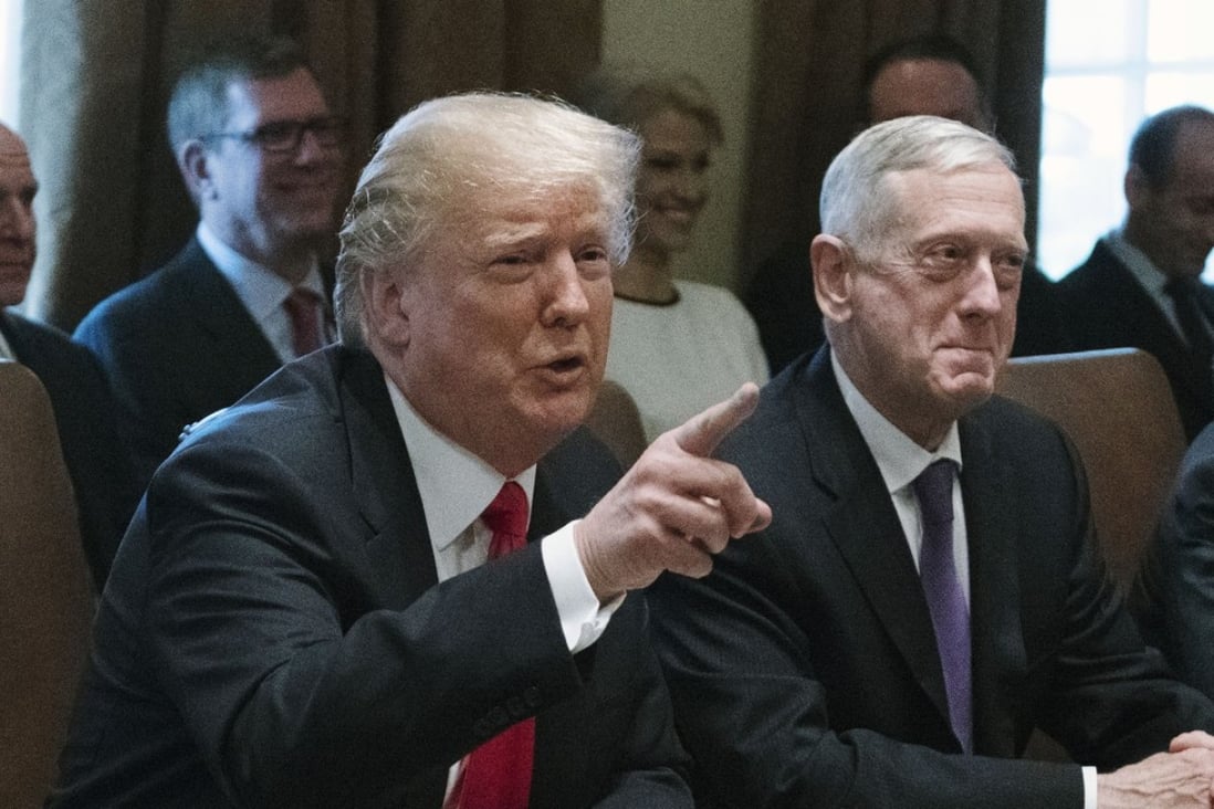 US President Donald Trump, left, speaks while his Secretary of Defence Jim Mattis listens during a cabinet meeting at the White House in Washington in January. The US’ aggressive nuclear posture review comes alongside an increased military budget, requested by Mattis, designed for “great power competition” against China and Russia. Photo: Bloomberg