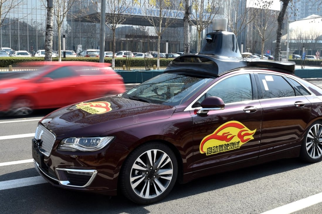 A self-driving vehicle for public road testing runs on a road in Beijing, China, on March 22, 2018. Photo: Xinhua