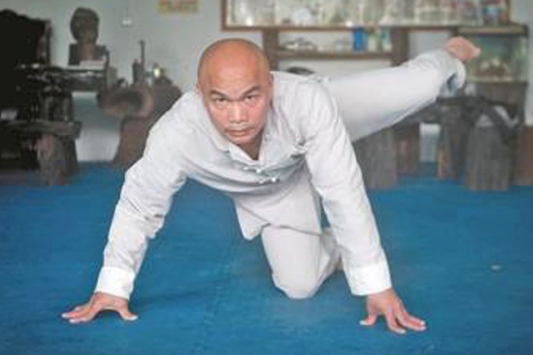 Martial arts master Li Weijun cocks his leg during a demonstration of dog kung fu. The moves might not be pretty, but they are very effective, he says. Photo: 163.com