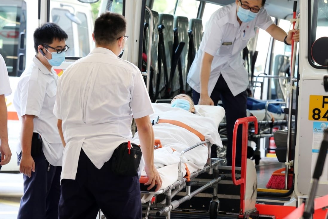 A patient is being transferred from Queen Elizabeth Hospital to St Teresa's Hospital, a private hospital in Kowloon City, in July 2017 as part of a plan to ease overcrowding in the public hospitals. Photo: Dickson Lee